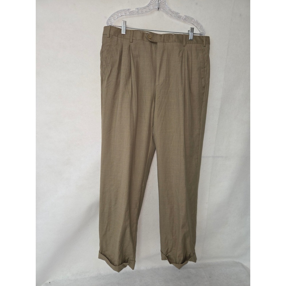 Santorelli Luxury Serge Tan Virgin Wool Pleated Cuffed Dress Pants Mens 38 Italy